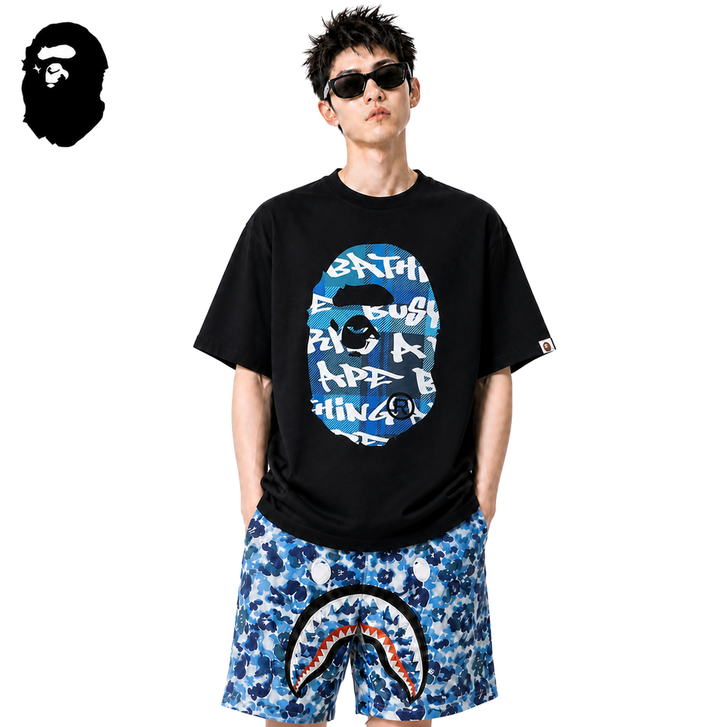 BAPE Blue Stroke Camo Big Ape Head Men's T-Shirt - Black