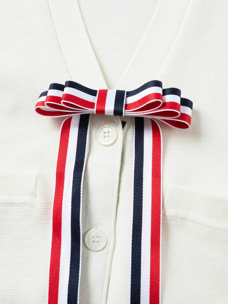 Thom Browne Style White Bow-Front Knit Cardigan