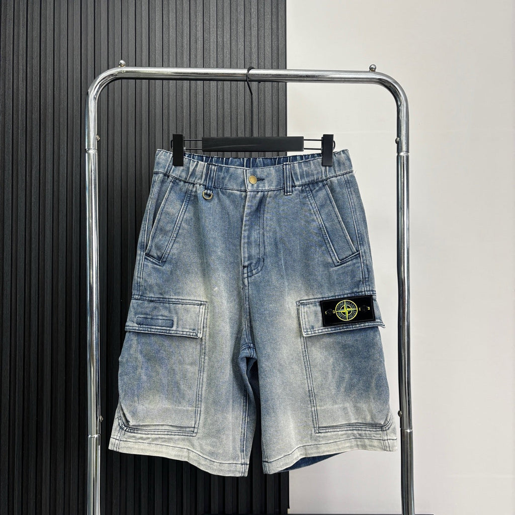 Stone Island Washed Denim Cargo Shorts with Front Patch Pockets and Compass Badge