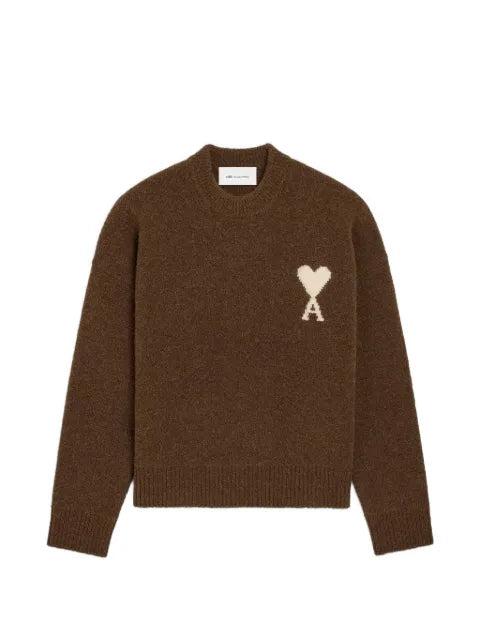 AMI Paris brown crewneck alpaca sweater with Ami de Coeur