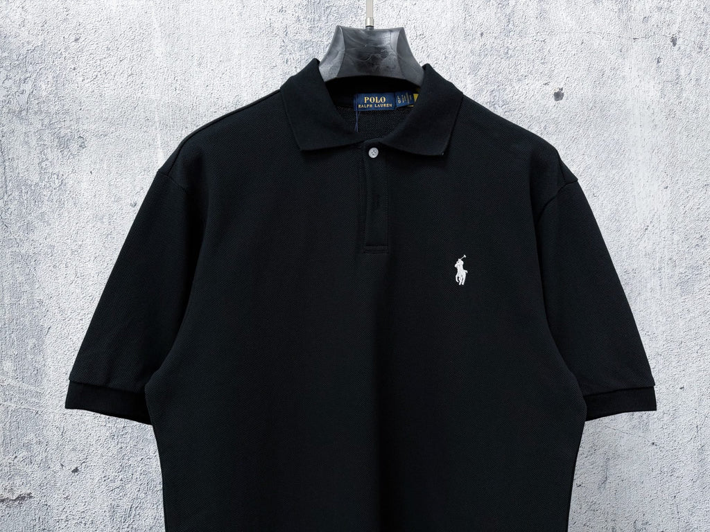 Men's Pique Knit Short‑Sleeve Polo Shirt Small Horse Embroidery Solid Black Casual Top