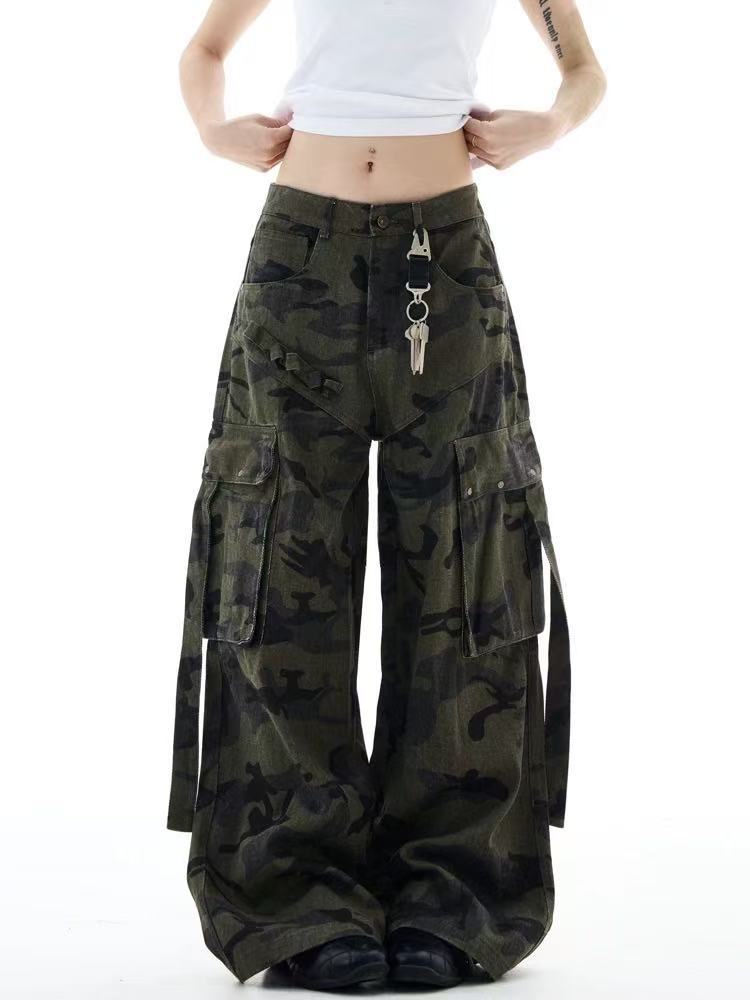 Y2k Vintage Washed Big Pocket Curved Baggy Wide Leg Jeans Streetwear