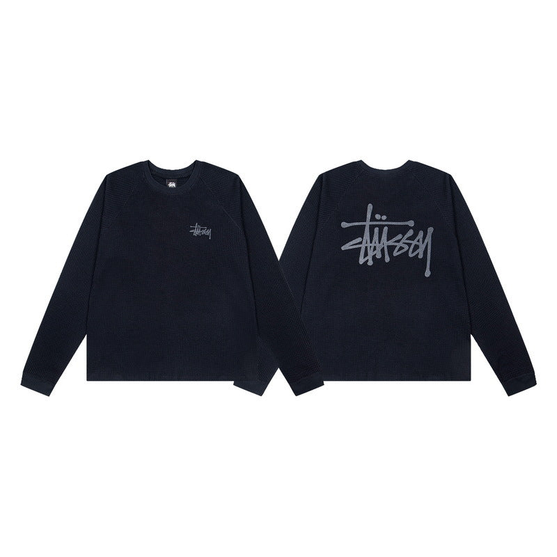 Stussy Navy Signature Script Waffle Knit Long Sleeve Tee