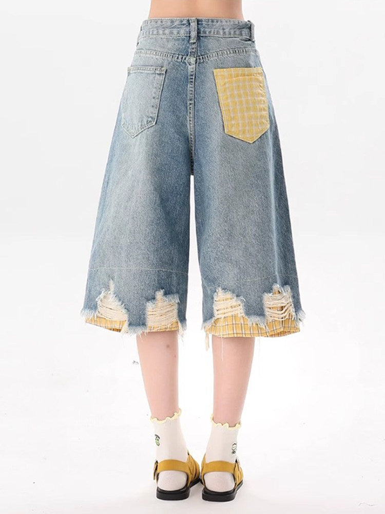 Cartoon Graffiti Distressed Capri Denim Frayed Plaid Wide Leg Shorts