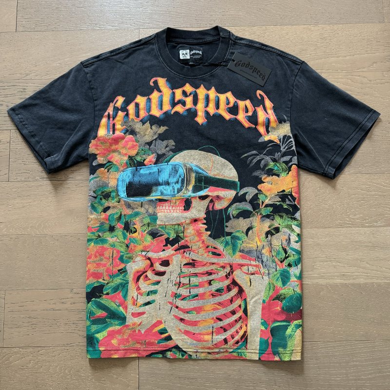 Godspeed Skeleton & Floral Washed Graphic T-Shirt