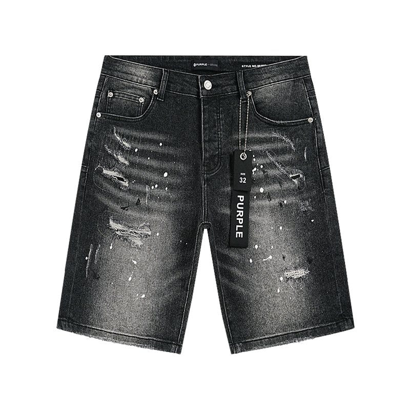 Purple Brand Distressed Paint-Splatter Denim Shorts
