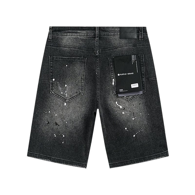 Purple Brand Distressed Paint-Splatter Denim Shorts