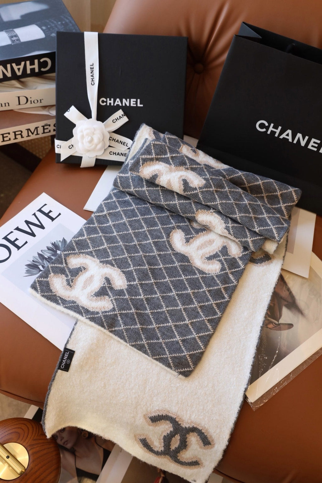 Chanel Style Fuzzy Reversible Diamond Logo Scarf