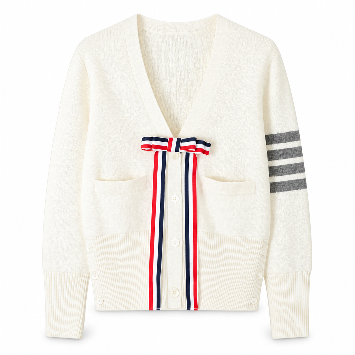 Thom Browne Style White Bow-Front Knit Cardigan