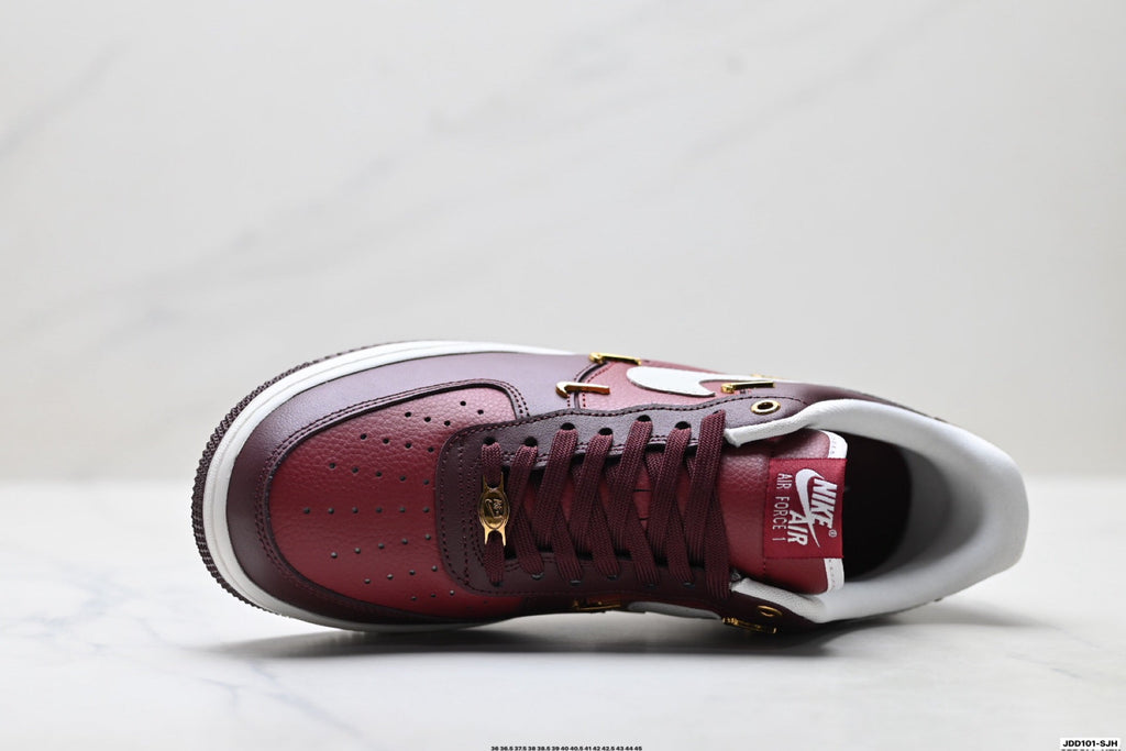 Nike Air Force 1 Low Burgundy White Gold Unisex Sneakers Style 02