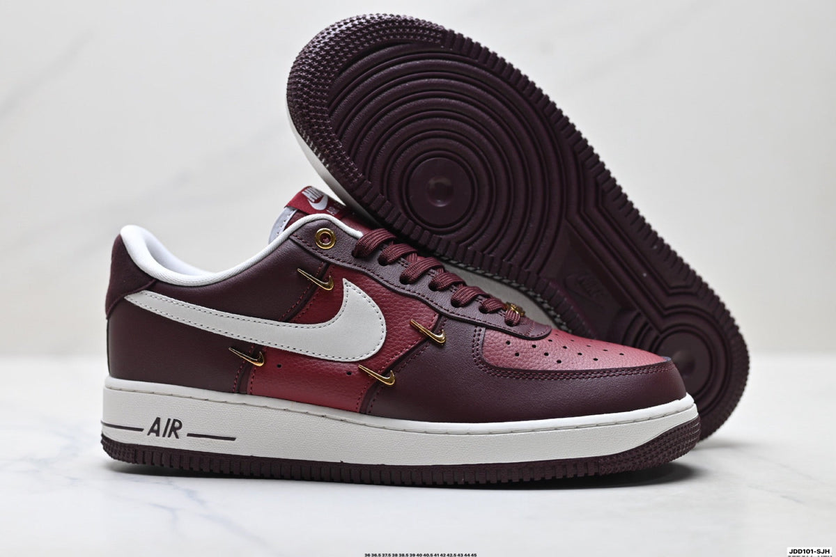 Nike Air Force 1 Low Burgundy White Gold Unisex Sneakers Style 02