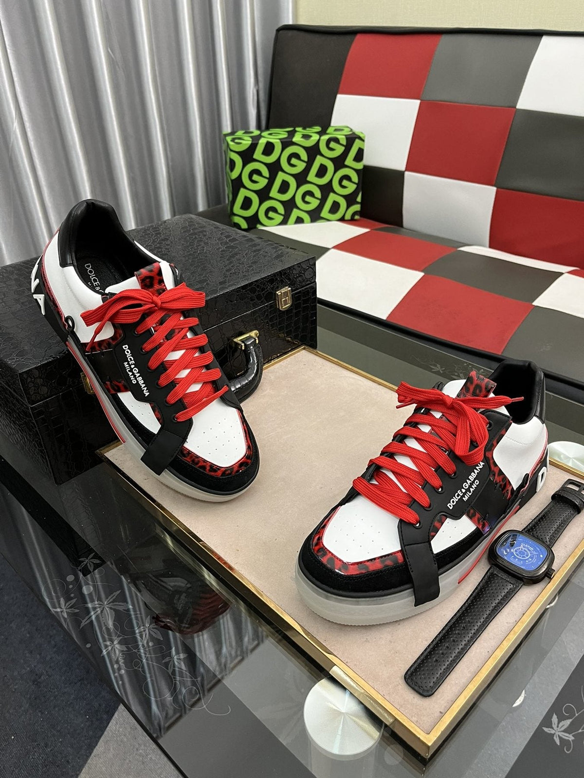 Dolce & Gabbana Men's Red-Lace Low-Top Sneakers