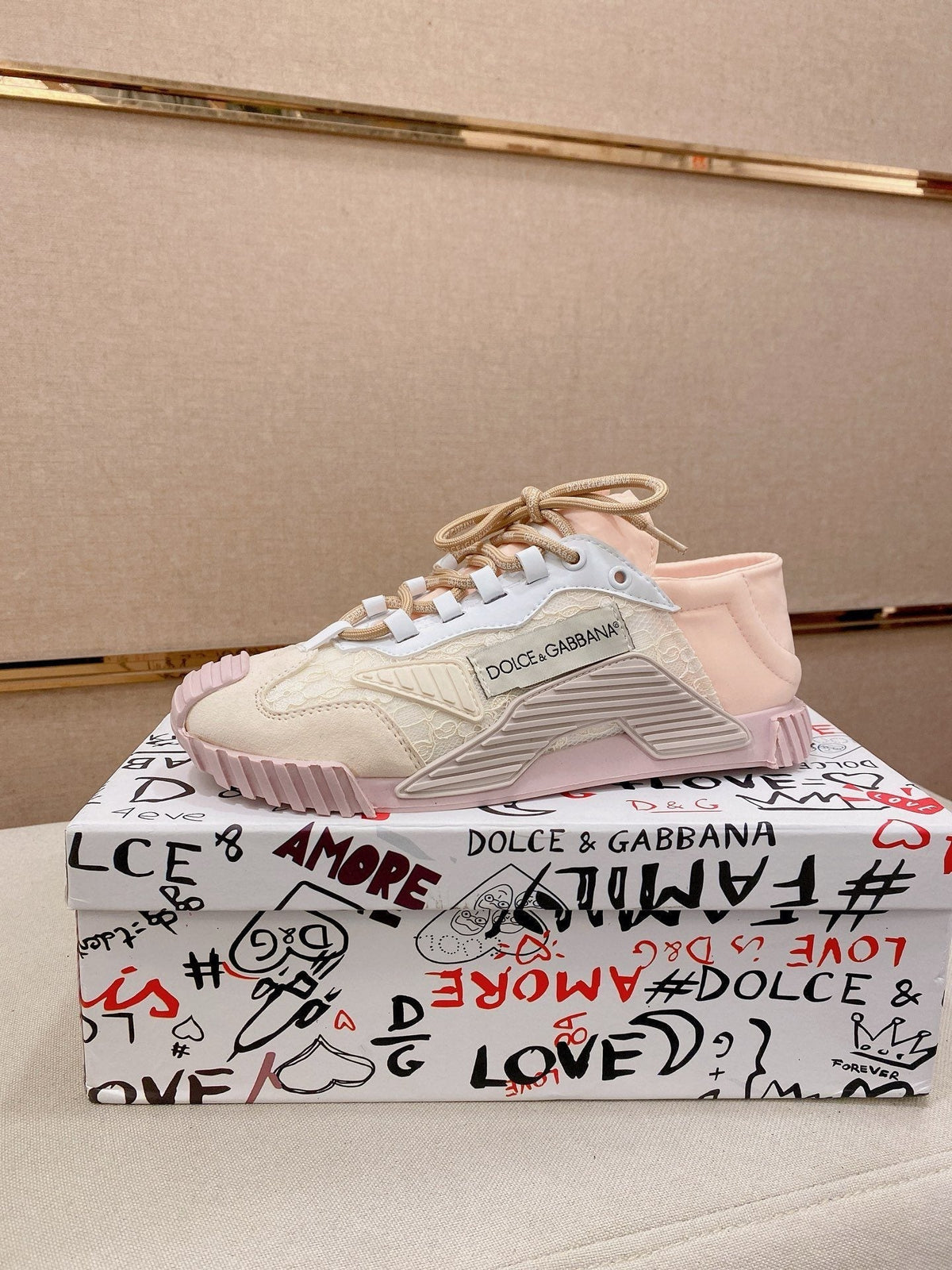 Dolce & Gabbana Pale Pink Cream Low-Top Sneakers