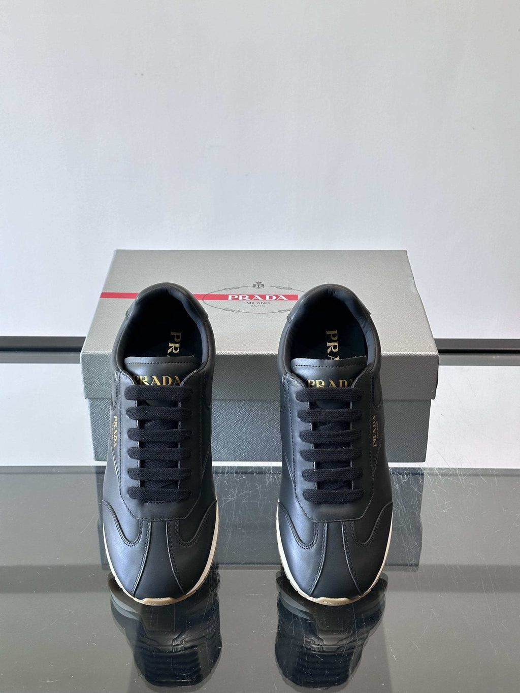 Prada Men's Black Low-Top Sneakers - Black Upper With White And Tan Accents