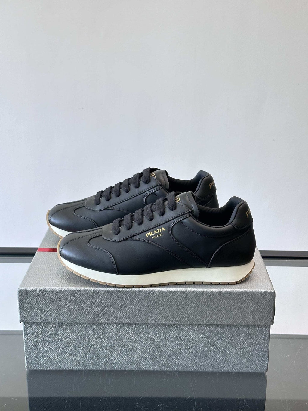 Prada Men's Black Low-Top Sneakers - Black Upper With White And Tan Accents