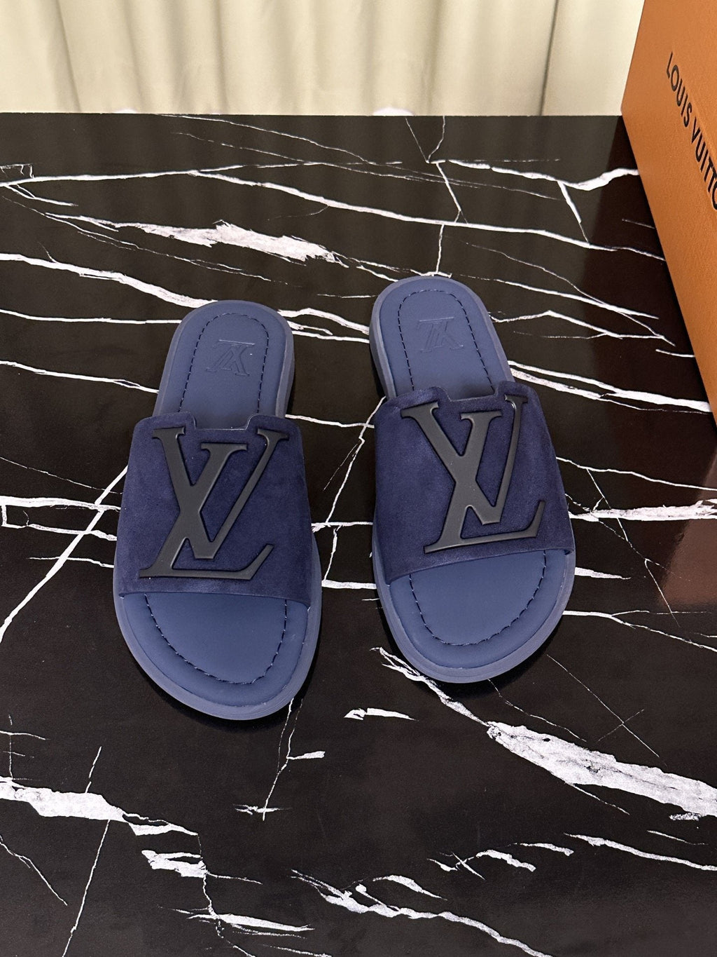 Louis Vuitton Men's Navy Blue Logo Slide Sandals