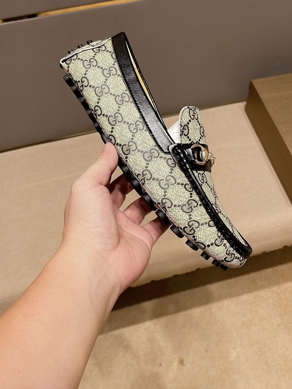 Gucci Beige and Black Gold-Hardware Loafers