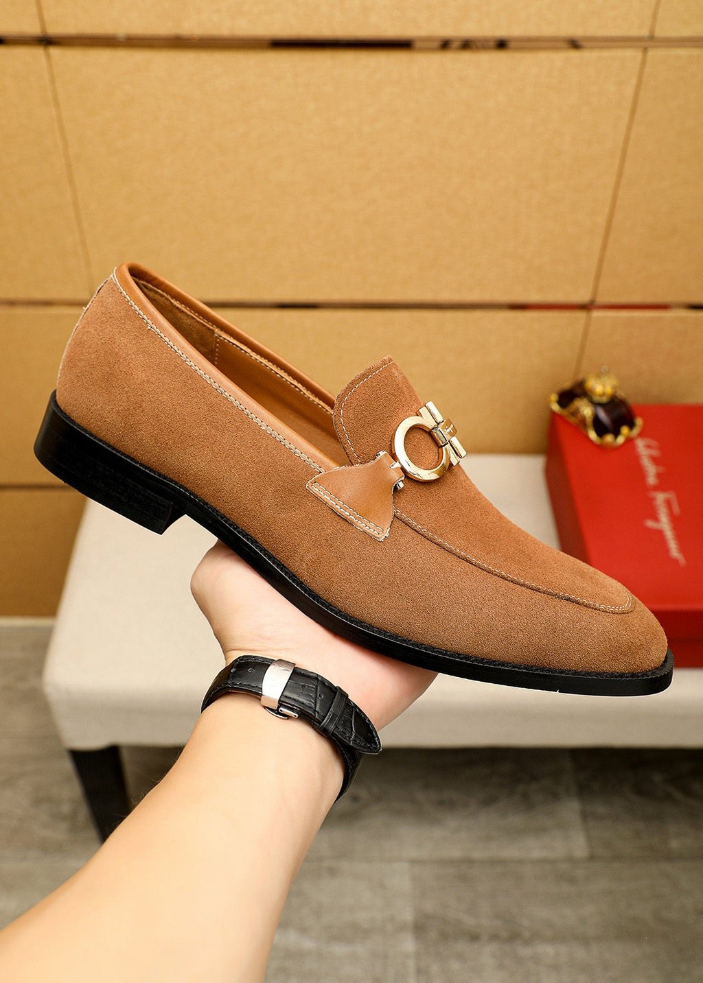 Ferragamo Men's Brown Metal Hardware Loafers