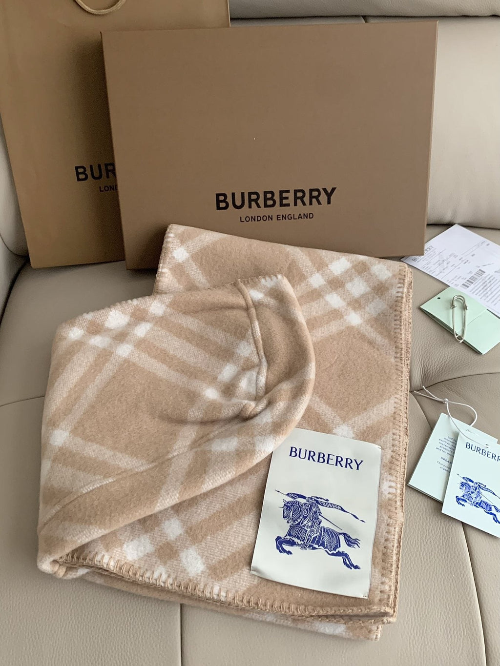 Burberry Beige Plaid Fringe Scarf
