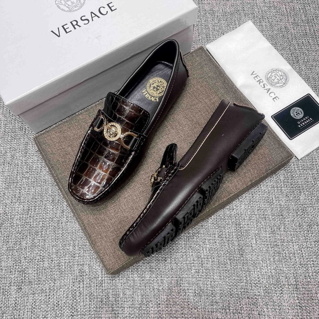 Versace Men's Dark Brown Croc-Embossed Loafers