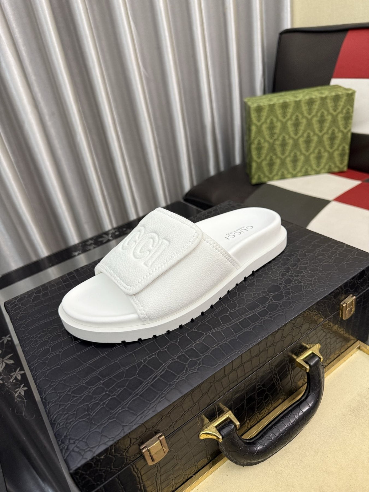 Gucci White Embossed Slide Sandals