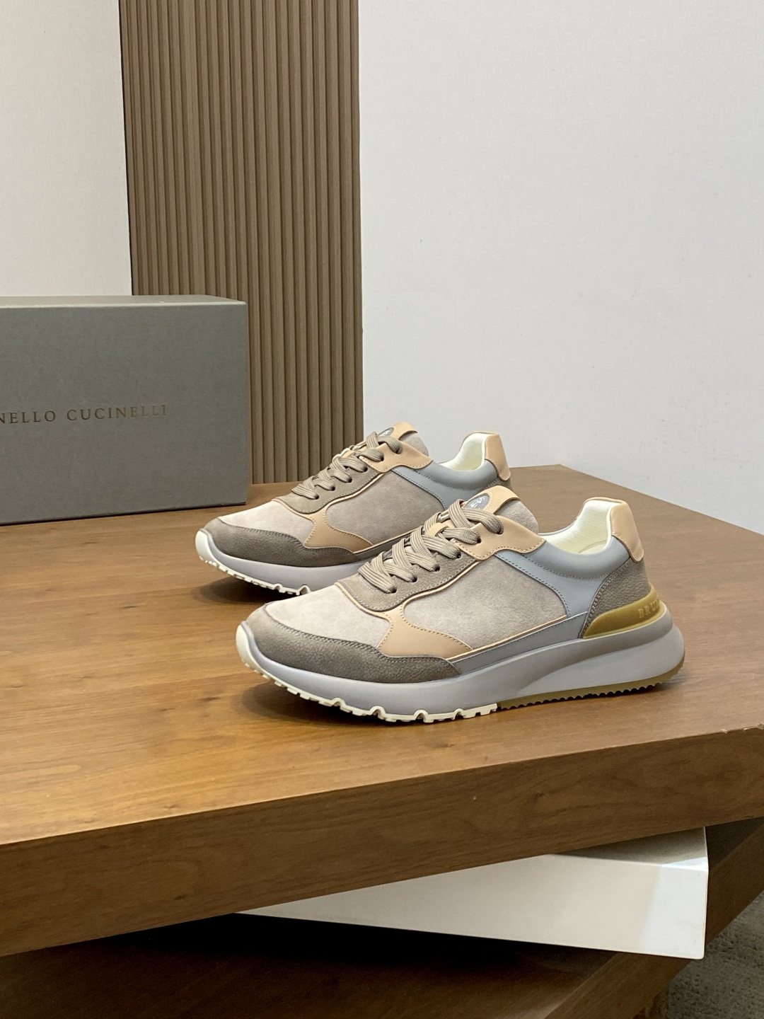 Brunello Cucinelli Cream and Gray Low-Top Sneakers