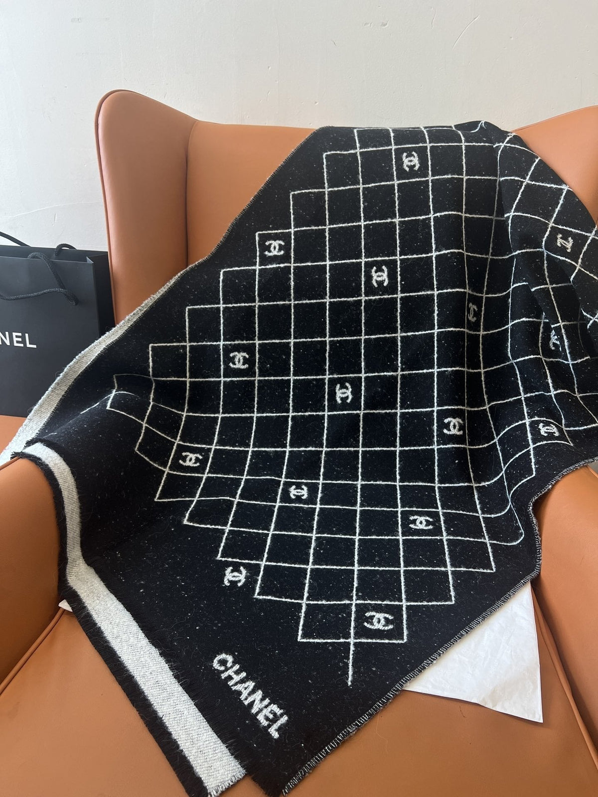 Chanel Black & Ivory Grid Shawl