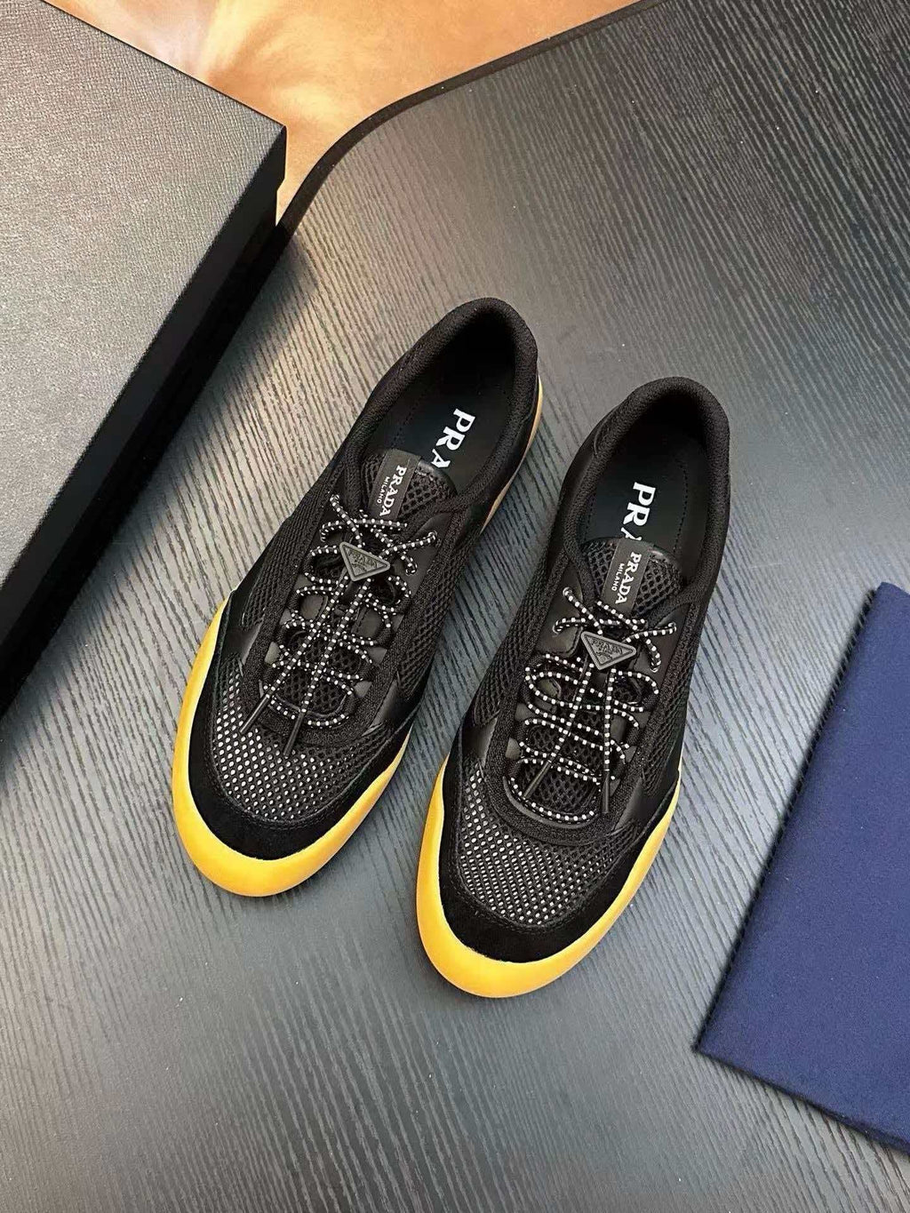 Prada Men's Black Yellow-Sole Sneakers