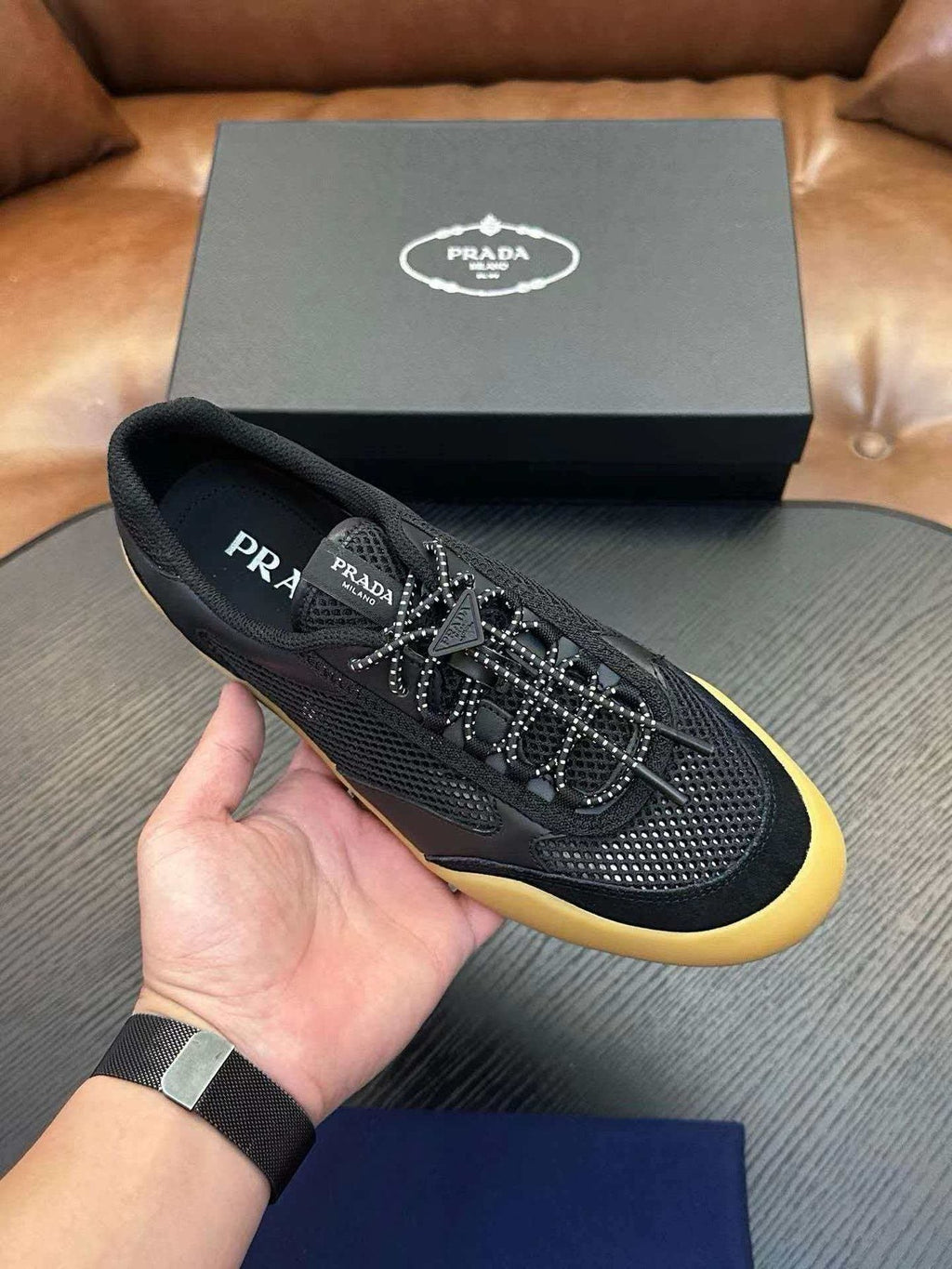 Prada Men's Black Yellow-Sole Sneakers