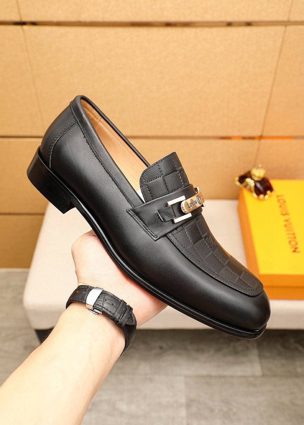 Louis Vuitton Black Embossed Loafers - Metal Bar Vamp Detail