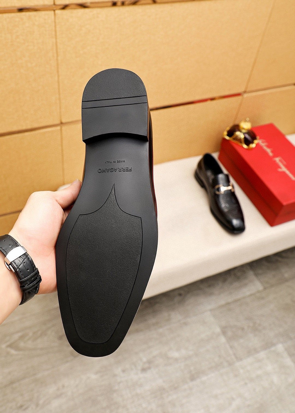 Ferragamo Black Buckle Loafers - Embossed Texture, Rubber Outsole