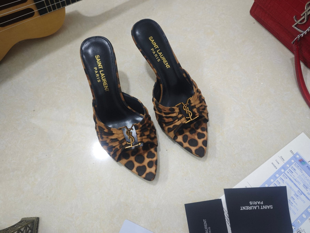 Saint Laurent Women's Ruched Logo Mule Heels