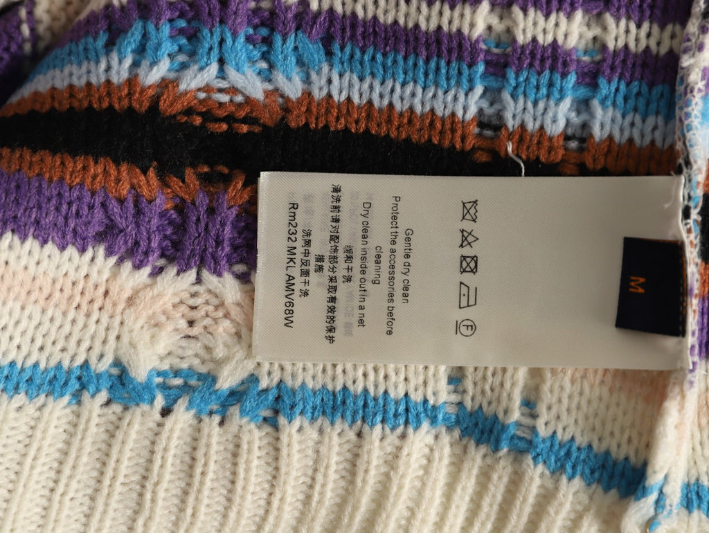 Louis Vuitton Retro Multicolor-Stripe Stand-Collar Zip Knit Cardigan - Cream